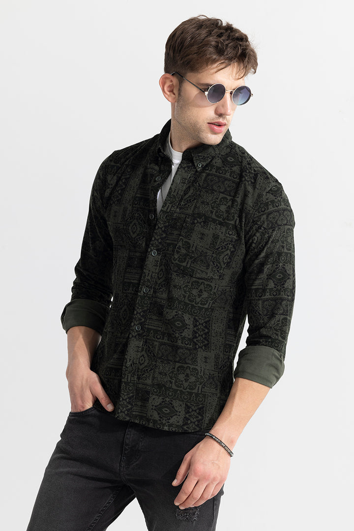 Square Motif Olive Corduroy Shirt