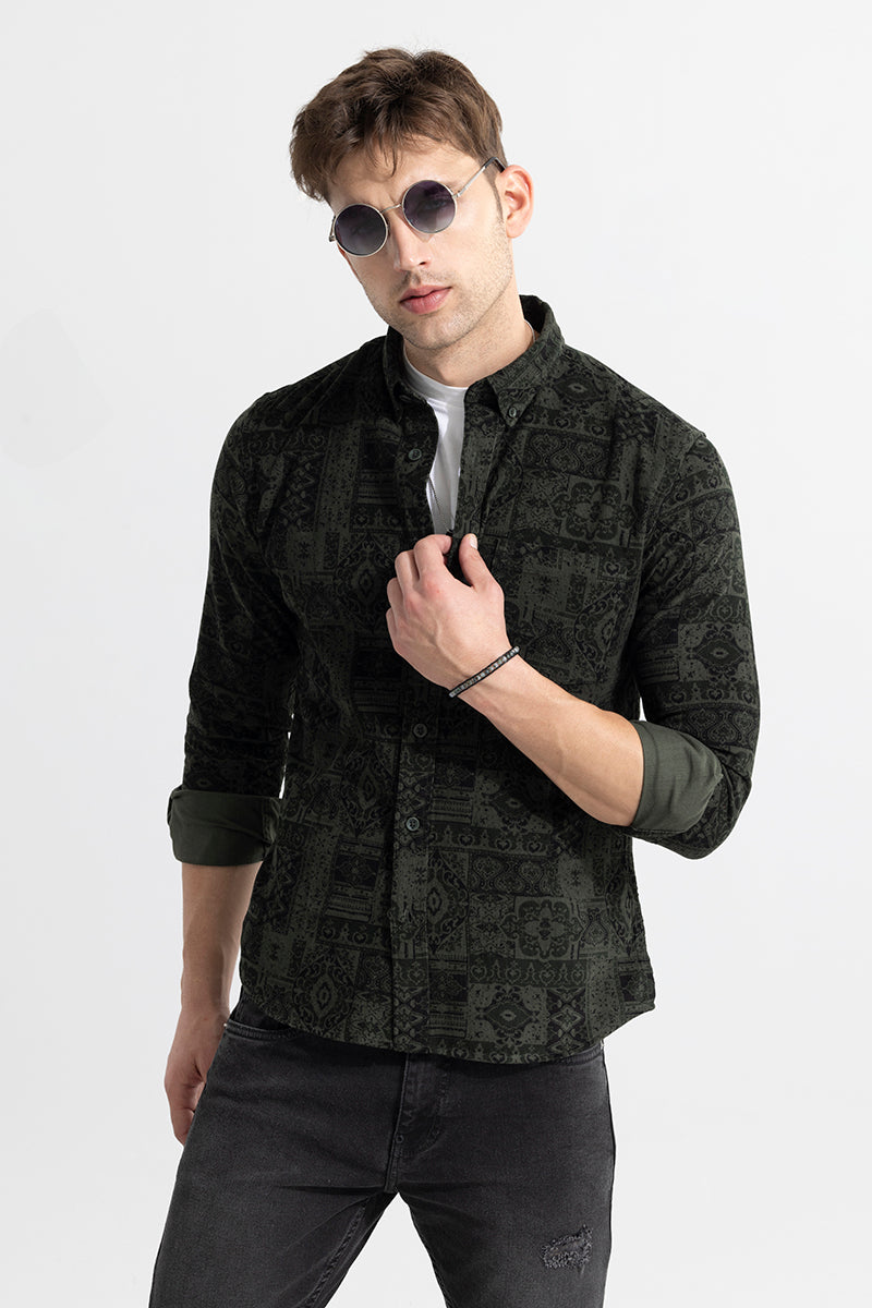 Square Motif Olive Corduroy Shirt