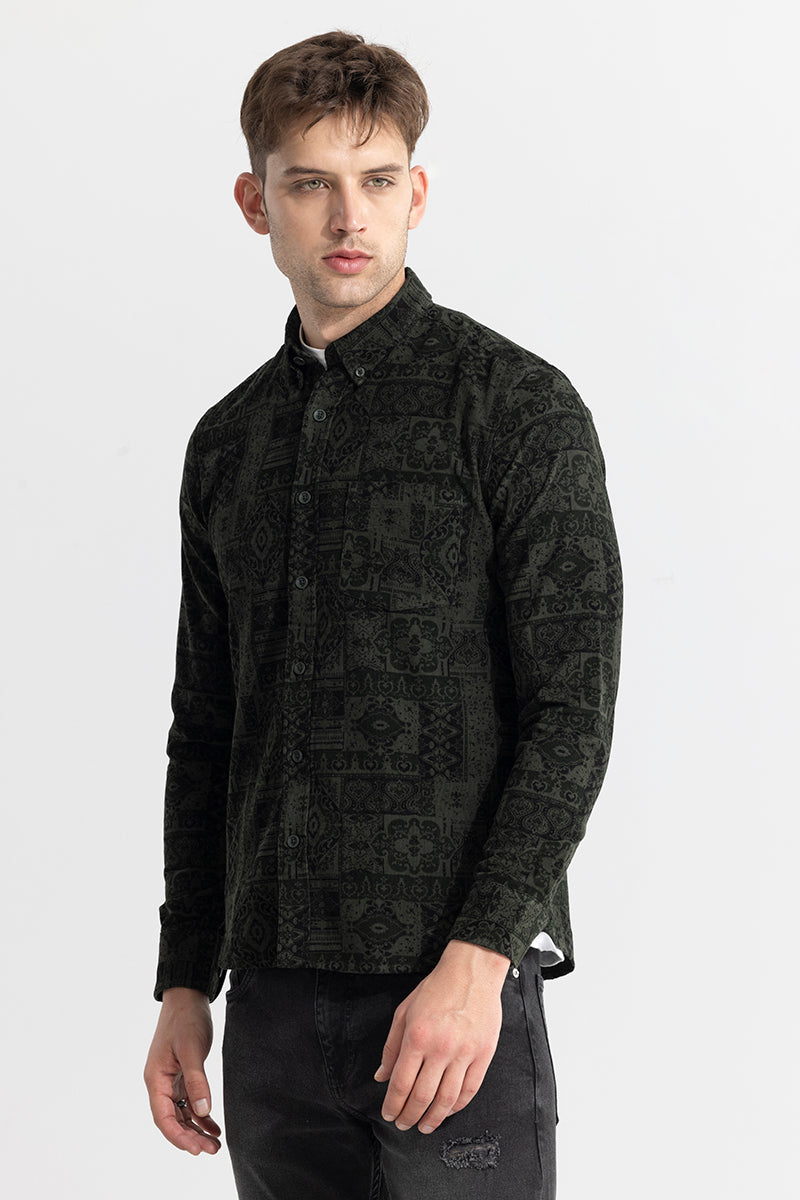 Square Motif Olive Corduroy Shirt