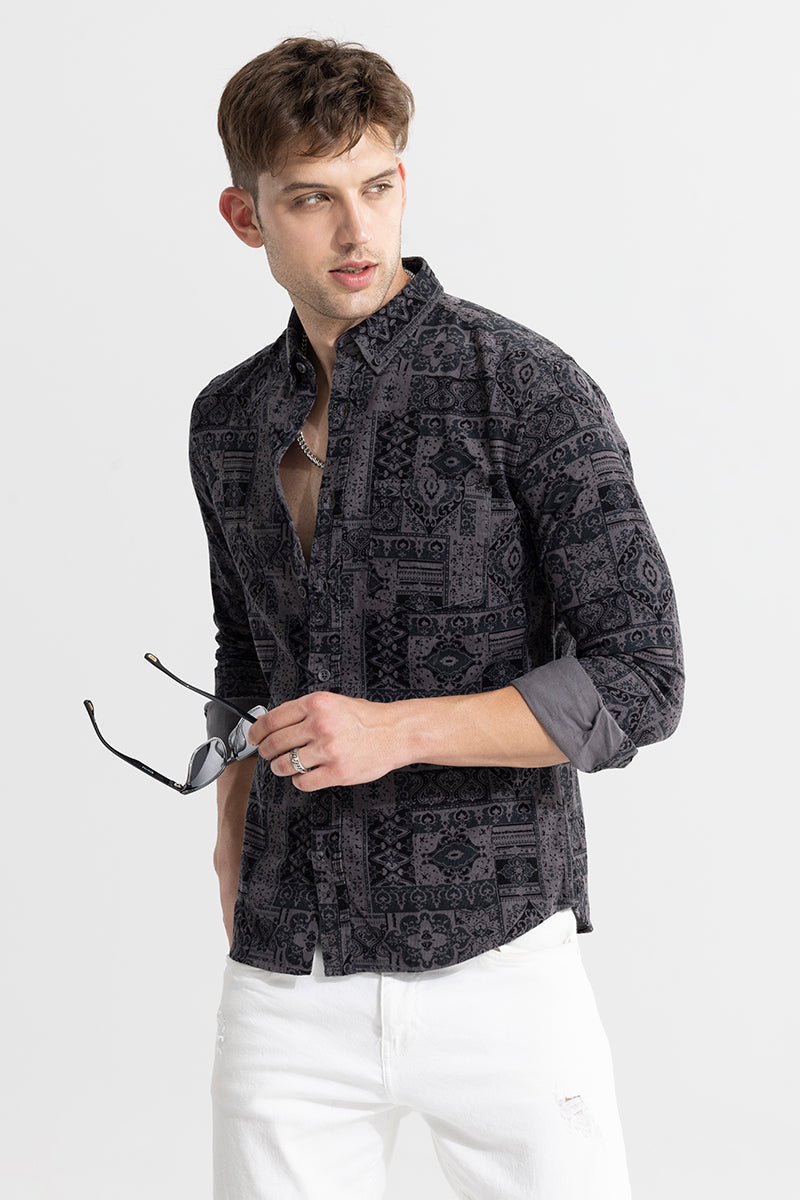 Square Motif Grey Corduroy Shirt