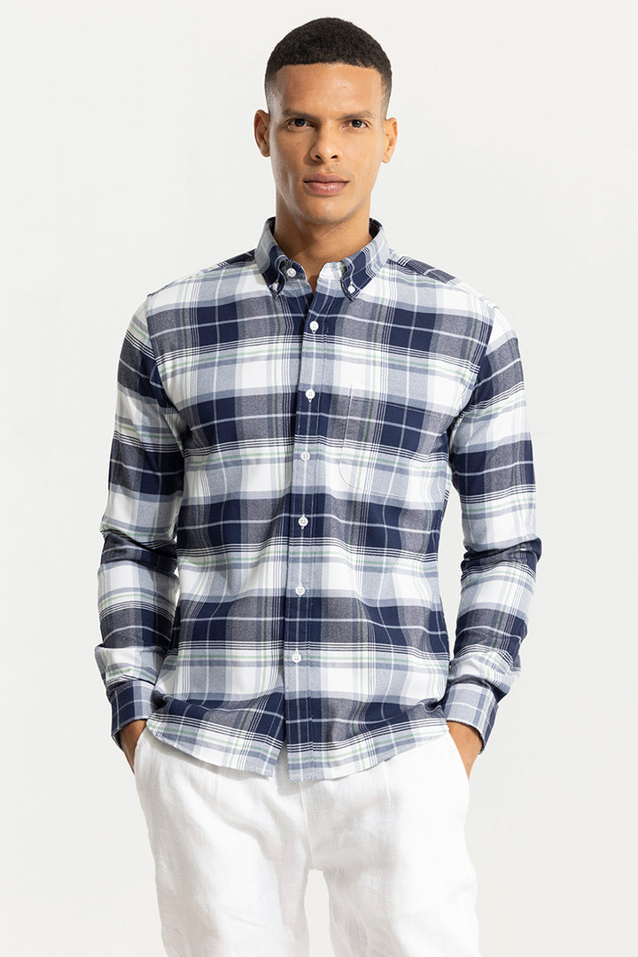 Bold Block Line White Navy Checks Shirt