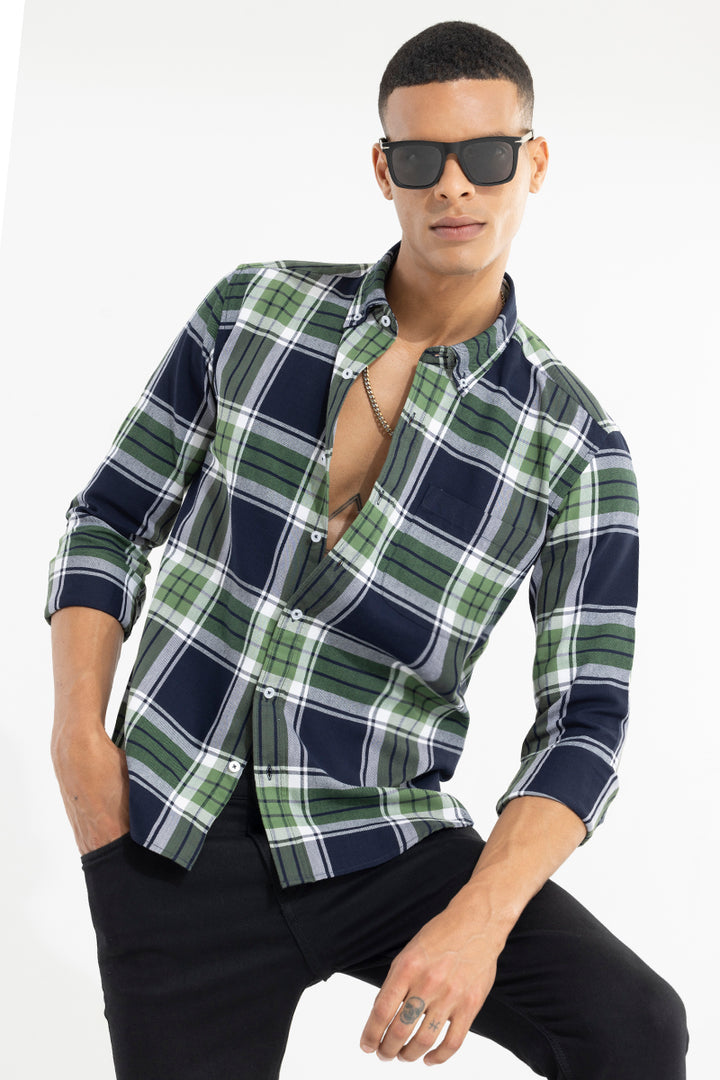 Bold Block Line Navy Green Checks Shirt