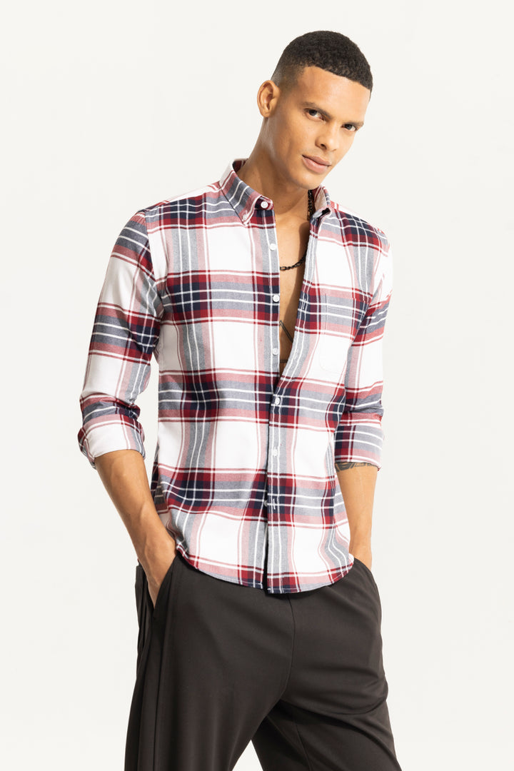 Bold Block Line White Red Checks Shirt