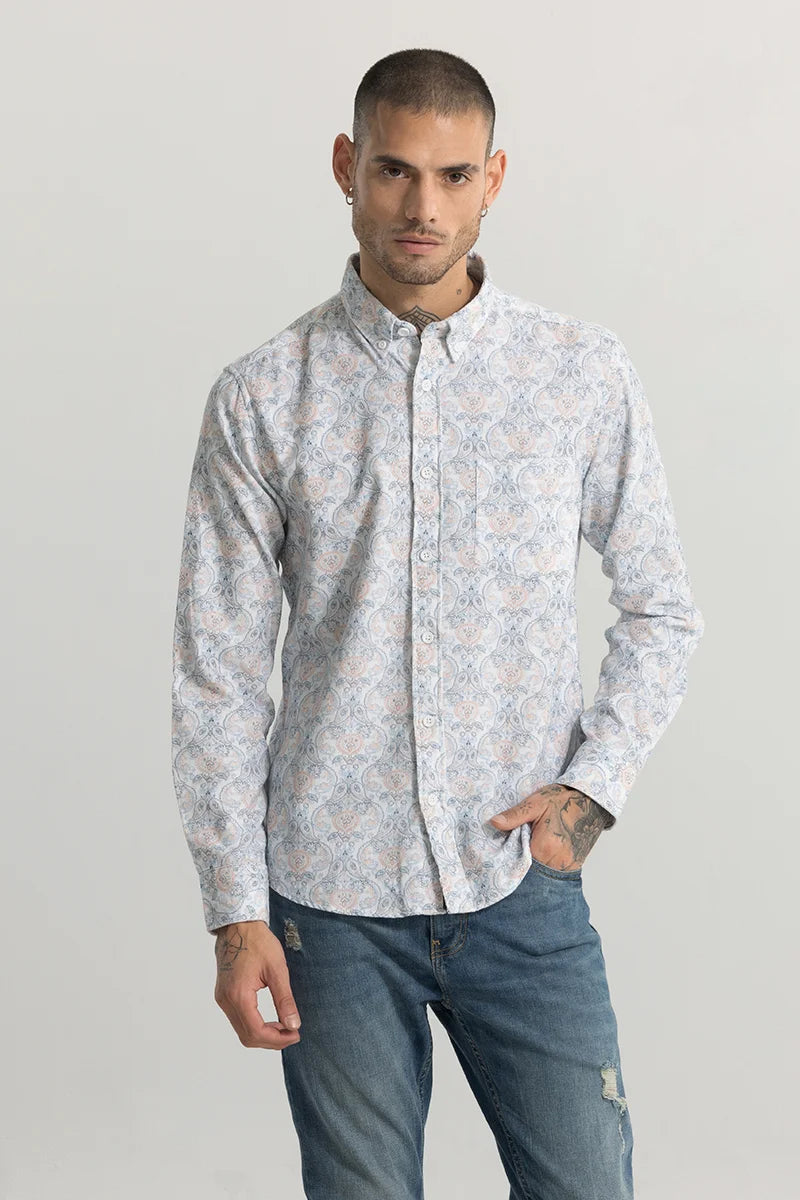 Indian Motif Print Peach Corduroy Shirt