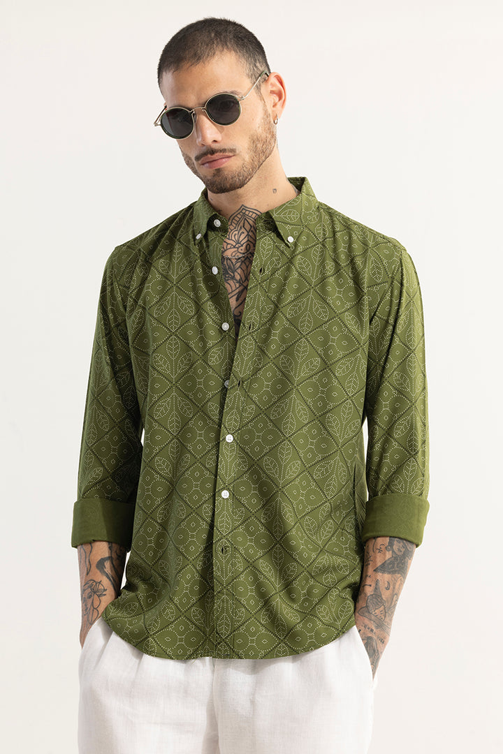 Dotted Leaf Motif Green Shirt