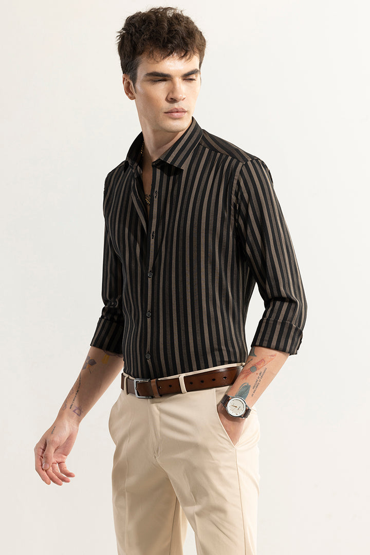 Coastal Brown Stripe Black Giza Cotton Shirt