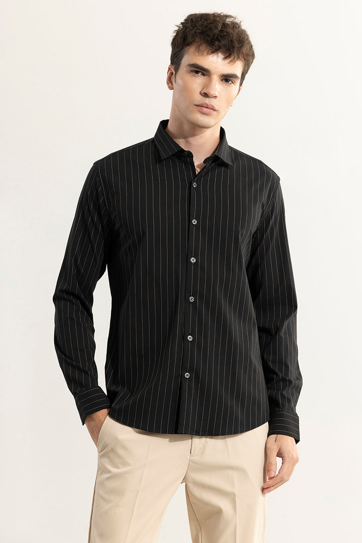 Elegant Brown Stripe Black Giza Cotton Shirt