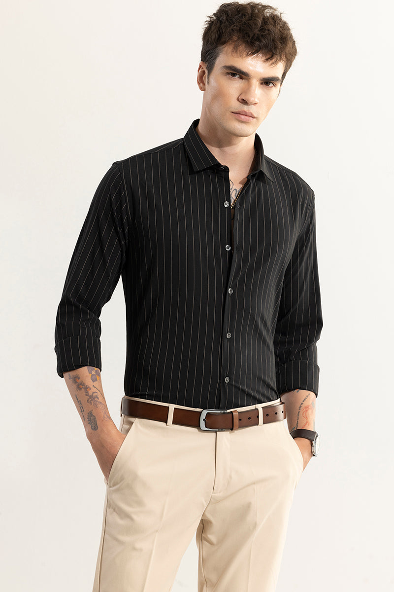 Elegant Brown Stripe Black Giza Cotton Shirt