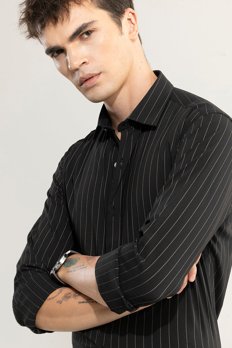 Elegant Brown Stripe Black Giza Cotton Shirt