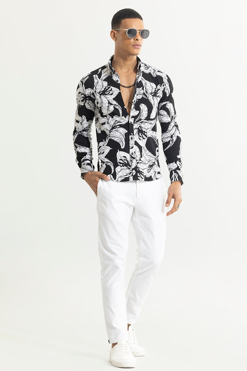 Hibiscus Burst Black Seersucker Shirt