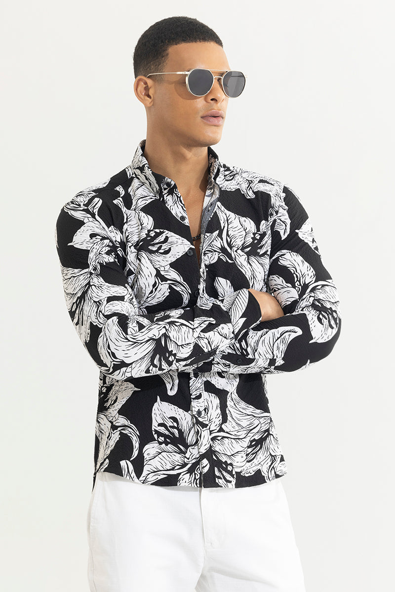 Hibiscus Burst Black Seersucker Shirt