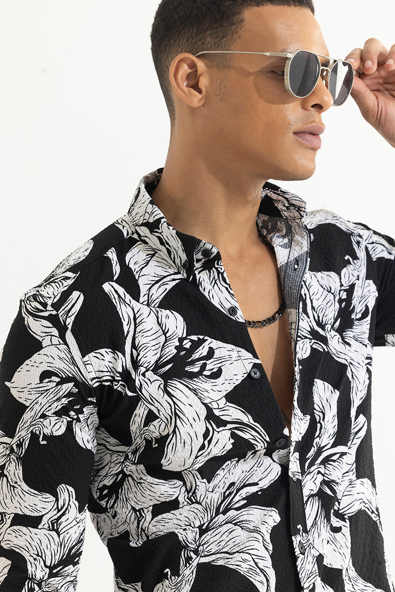 Hibiscus Burst Black Seersucker Shirt