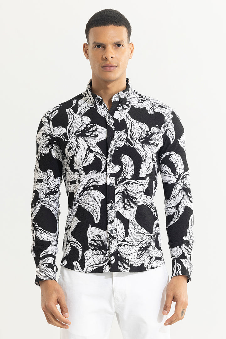 Hibiscus Burst Black Seersucker Shirt