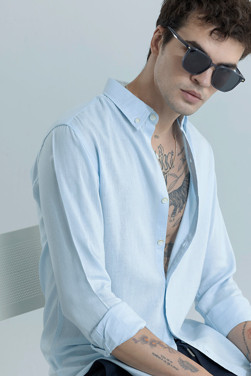 Sleek Style Plain Light Blue Linen Shirt