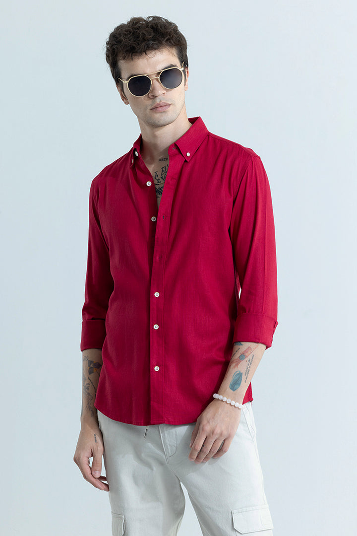 Sleek Style Plain Red Linen Shirt