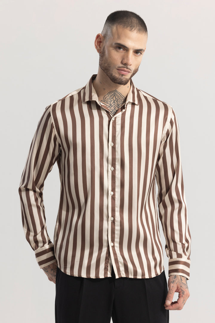 Stripevogue Beige Stripe Silky Satin Shirt