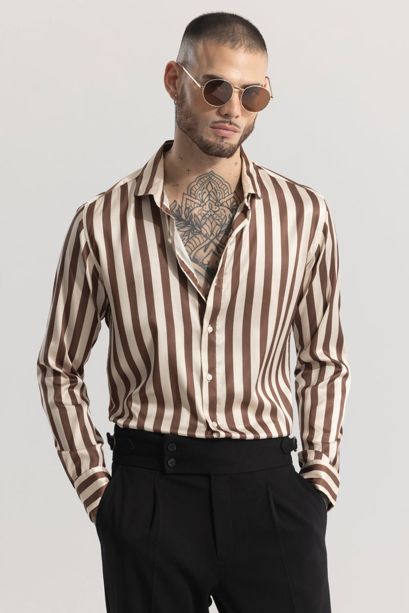 Stripevogue Beige Stripe Silky Satin Shirt