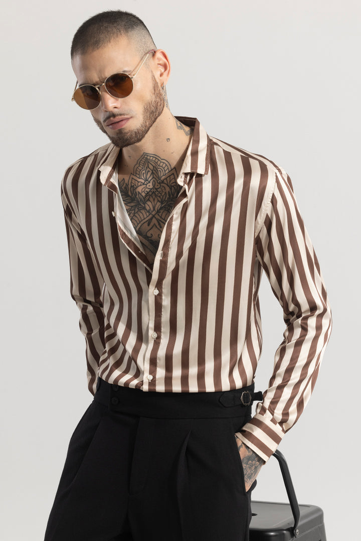 Stripevogue Beige Stripe Silky Satin Shirt