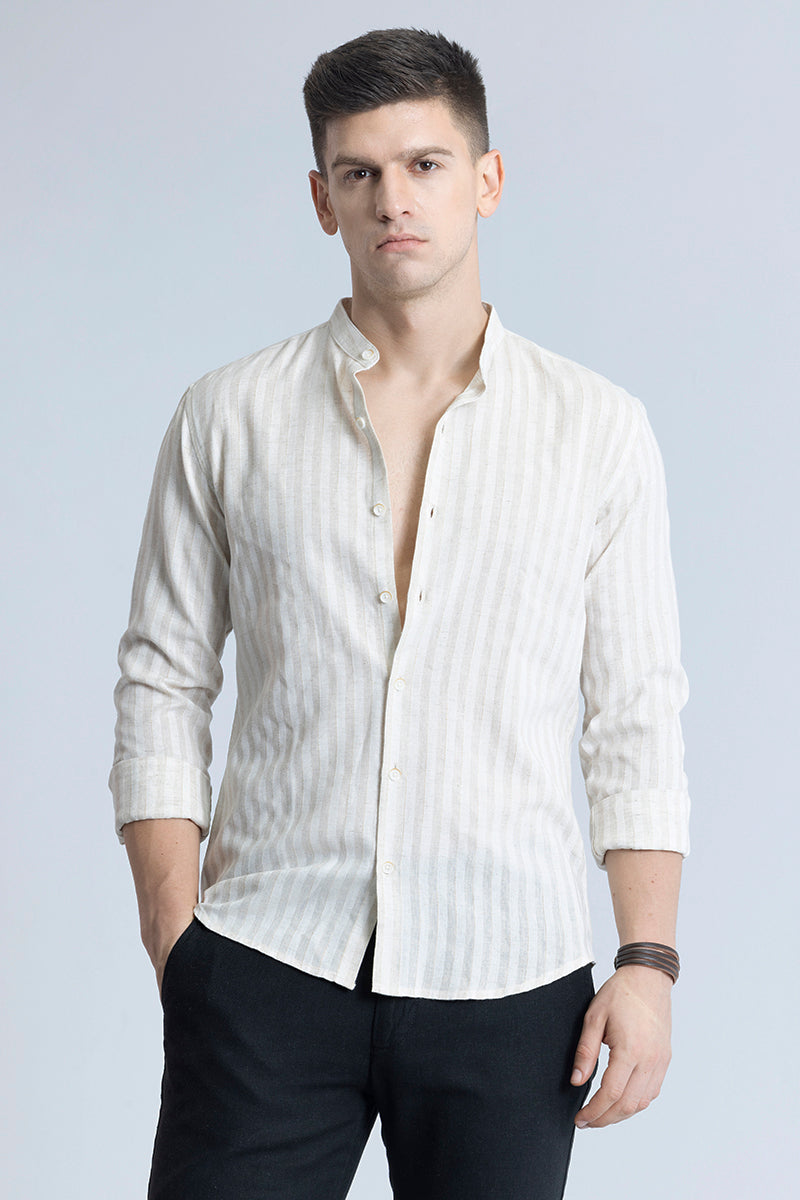 Buy Men's Mandarin Stripe Cream Shirt Online | SNITCH