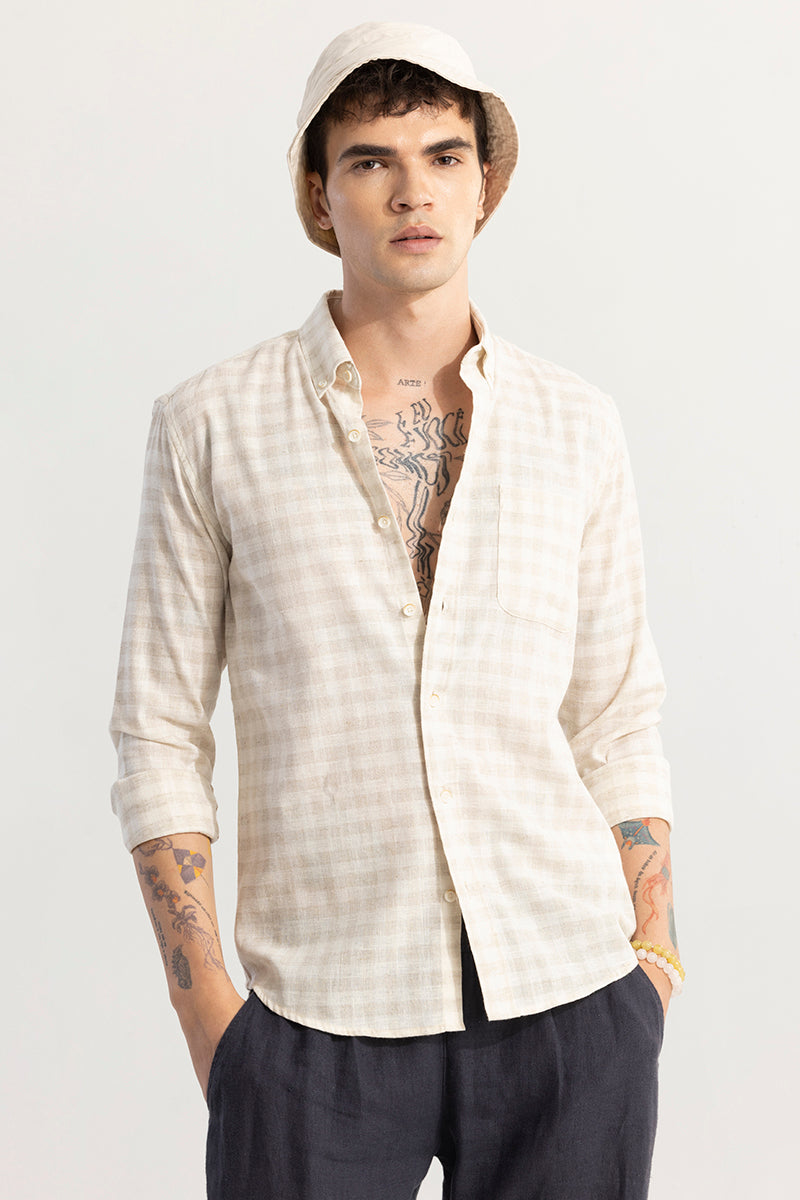 Pattern Mini Check Beige Linen Shirt