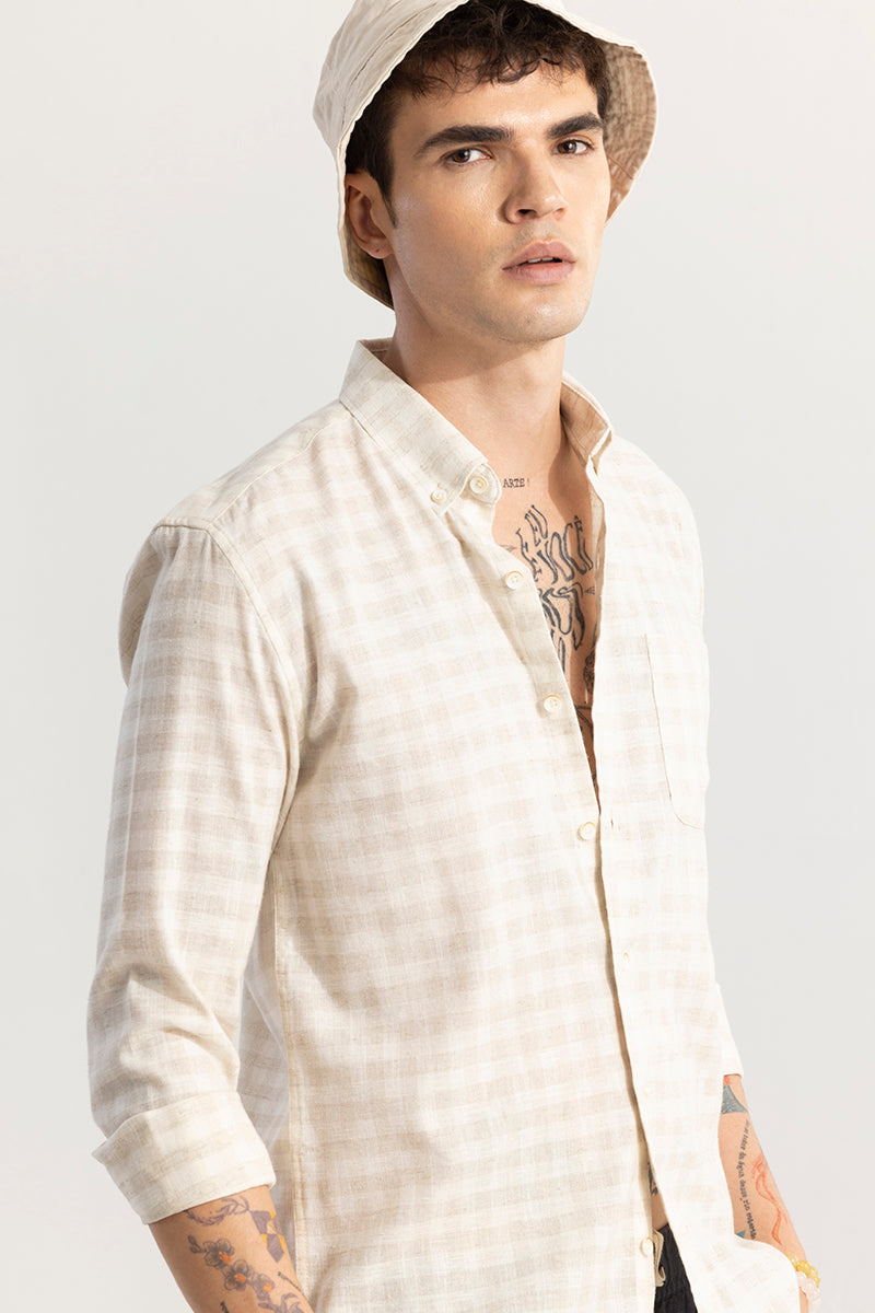 Pattern Mini Check Beige Linen Shirt