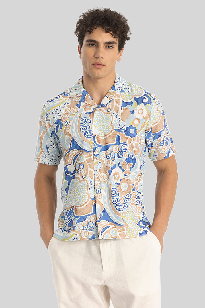 Blue Cuban Collar Printed Shirt