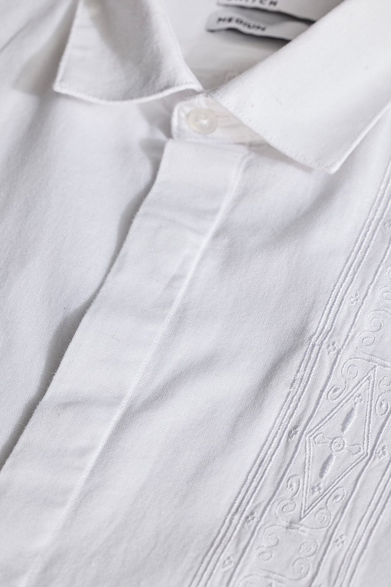 White Embroidered Linen Blend Shirt