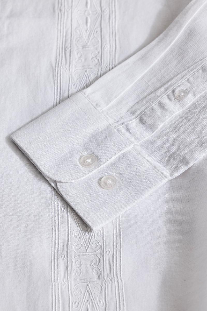 White Embroidered Linen Blend Shirt