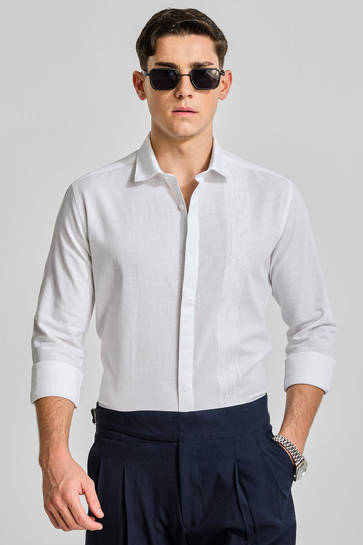 White Embroidered Linen Blend Shirt