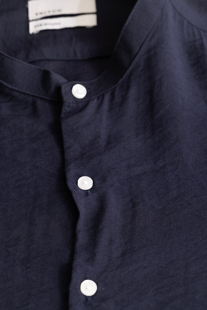 Navy Crushed Mandarin Collar Shirt