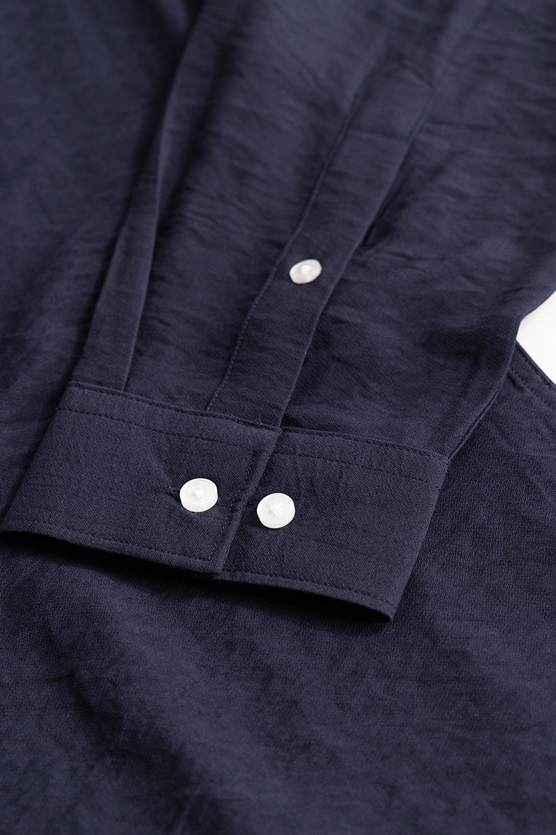 Navy Crushed Mandarin Collar Shirt