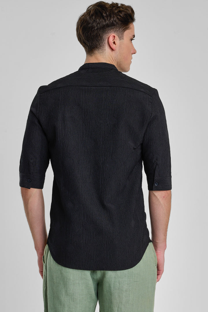 Black Textured Mandarin Shirt