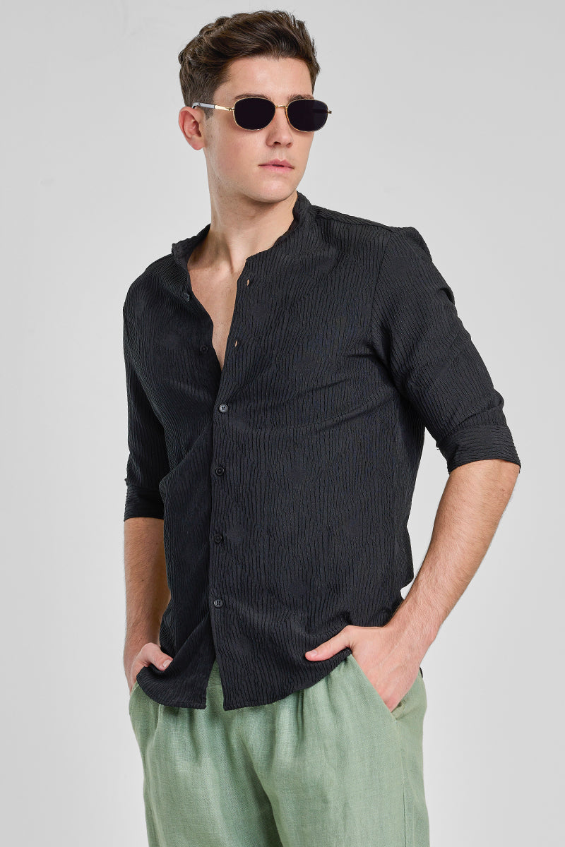 Black Textured Mandarin Shirt