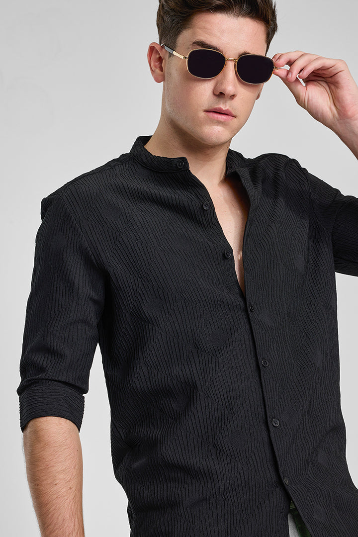 Black Textured Mandarin Shirt