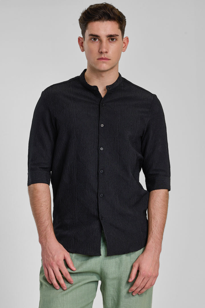 Black Textured Mandarin Shirt