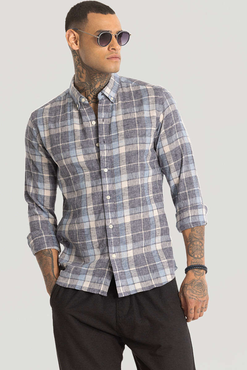 Stone Grey Checks Linen Blend Shirt