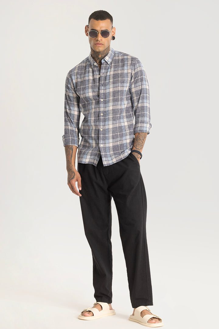 Stone Grey Checks Linen Blend Shirt