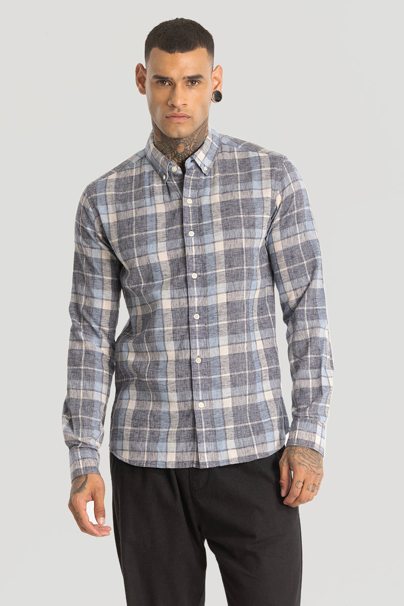 Stone Grey Checks Linen Blend Shirt