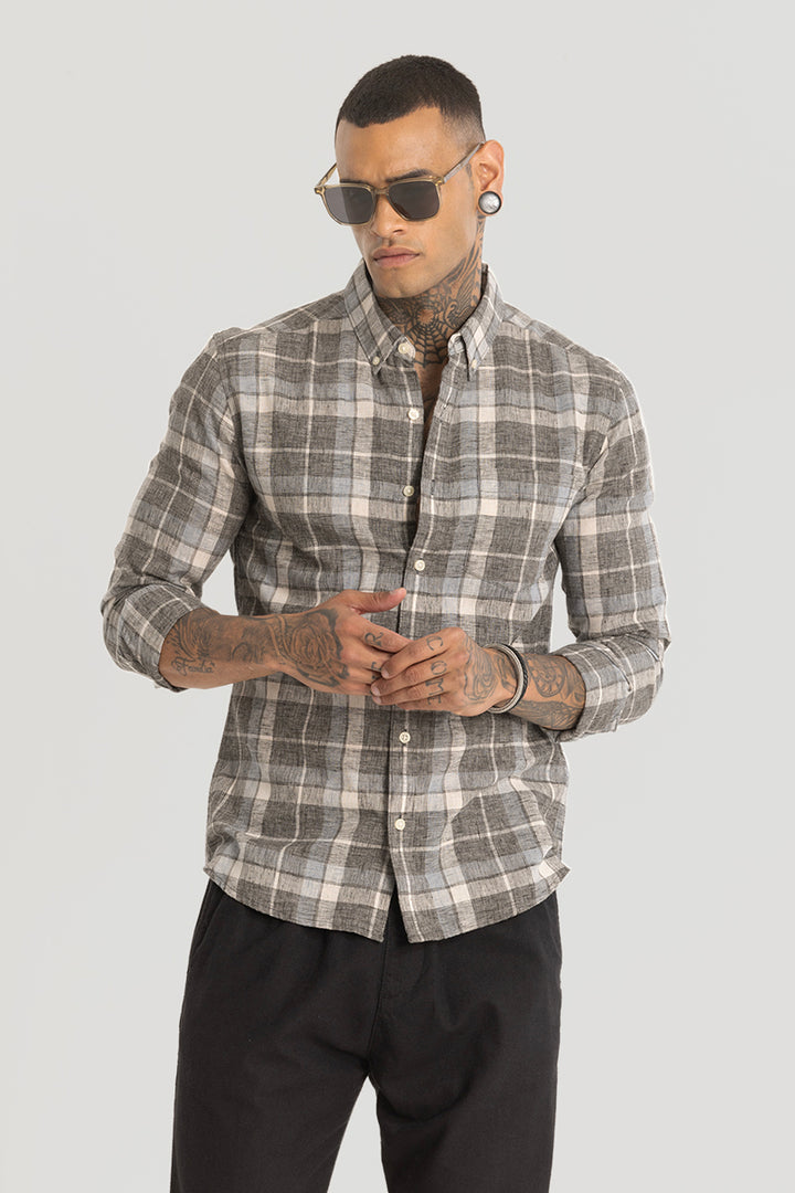 Grey Checks Linen Blend Shirt