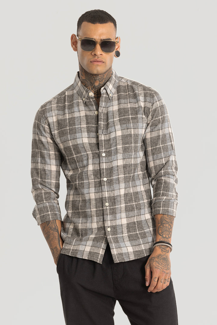 Grey Checks Linen Blend Shirt