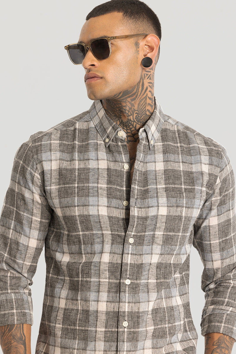 Grey Checks Linen Blend Shirt