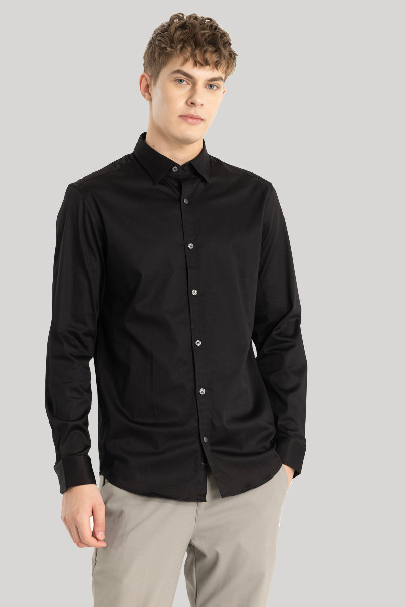 Satin Stretch Black Plain Shirt