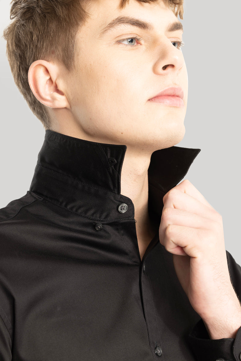 Satin Stretch Black Plain Shirt