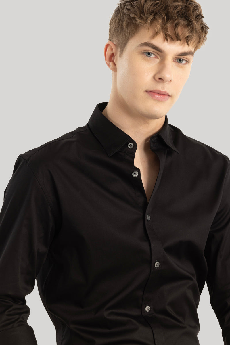 Satin Stretch Black Plain Shirt