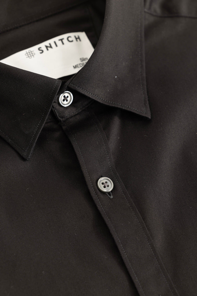 Satin Stretch Black Plain Shirt