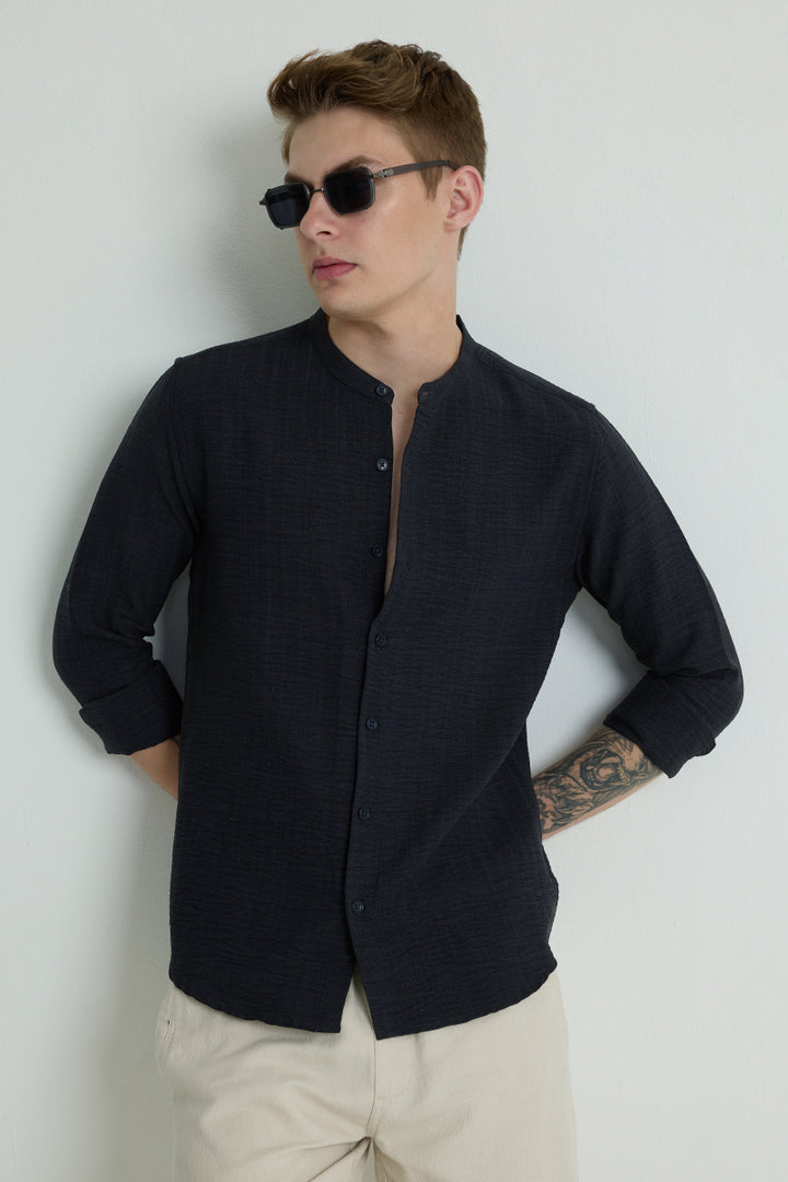 Navy Mandarin Self Stripe Shirt