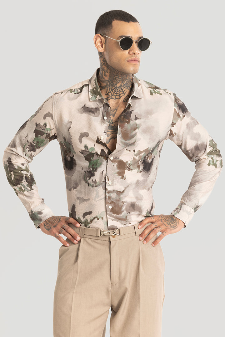 Cream Abstract Slim Fit Shirt