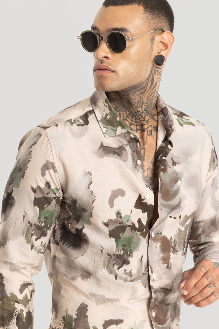 Cream Abstract Slim Fit Shirt