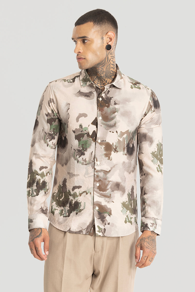 Cream Abstract Slim Fit Shirt