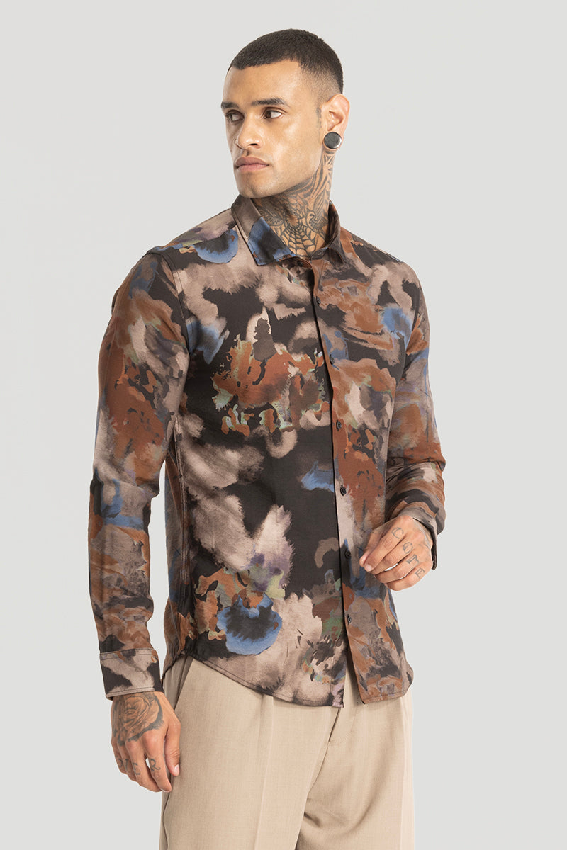 Brown Abstract Slim Fit Shirt